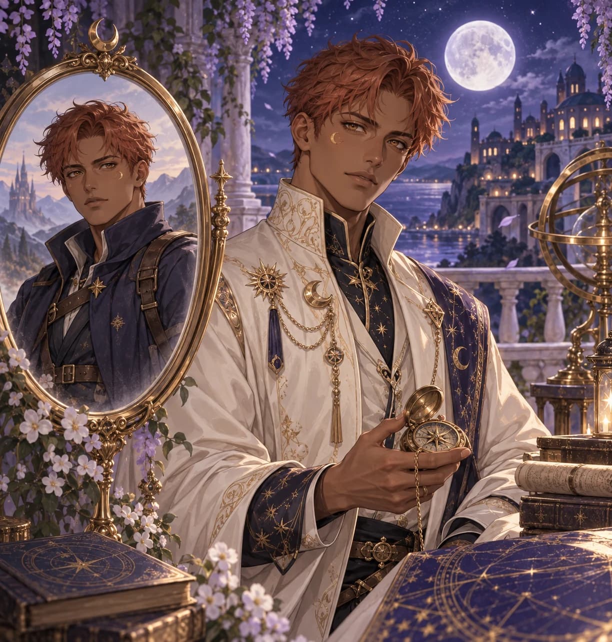The same copper-haired character in original and ceremonial outfits
