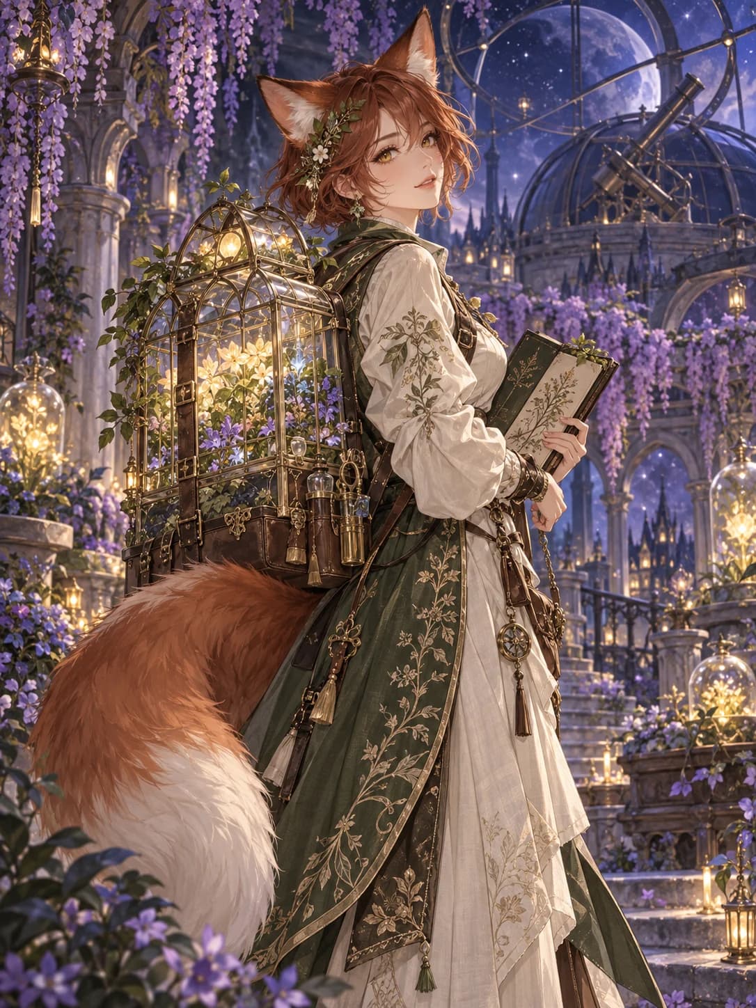 A fox-eared botanist with a tiny greenhouse backpack.