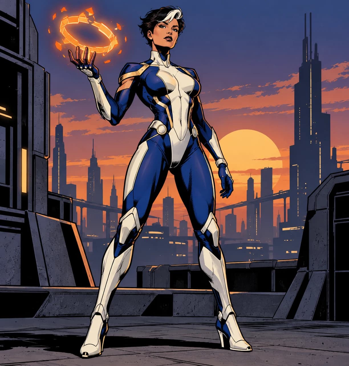 An original superhero in bold comic-book inks, holding an orange energy ring above a futuristic city