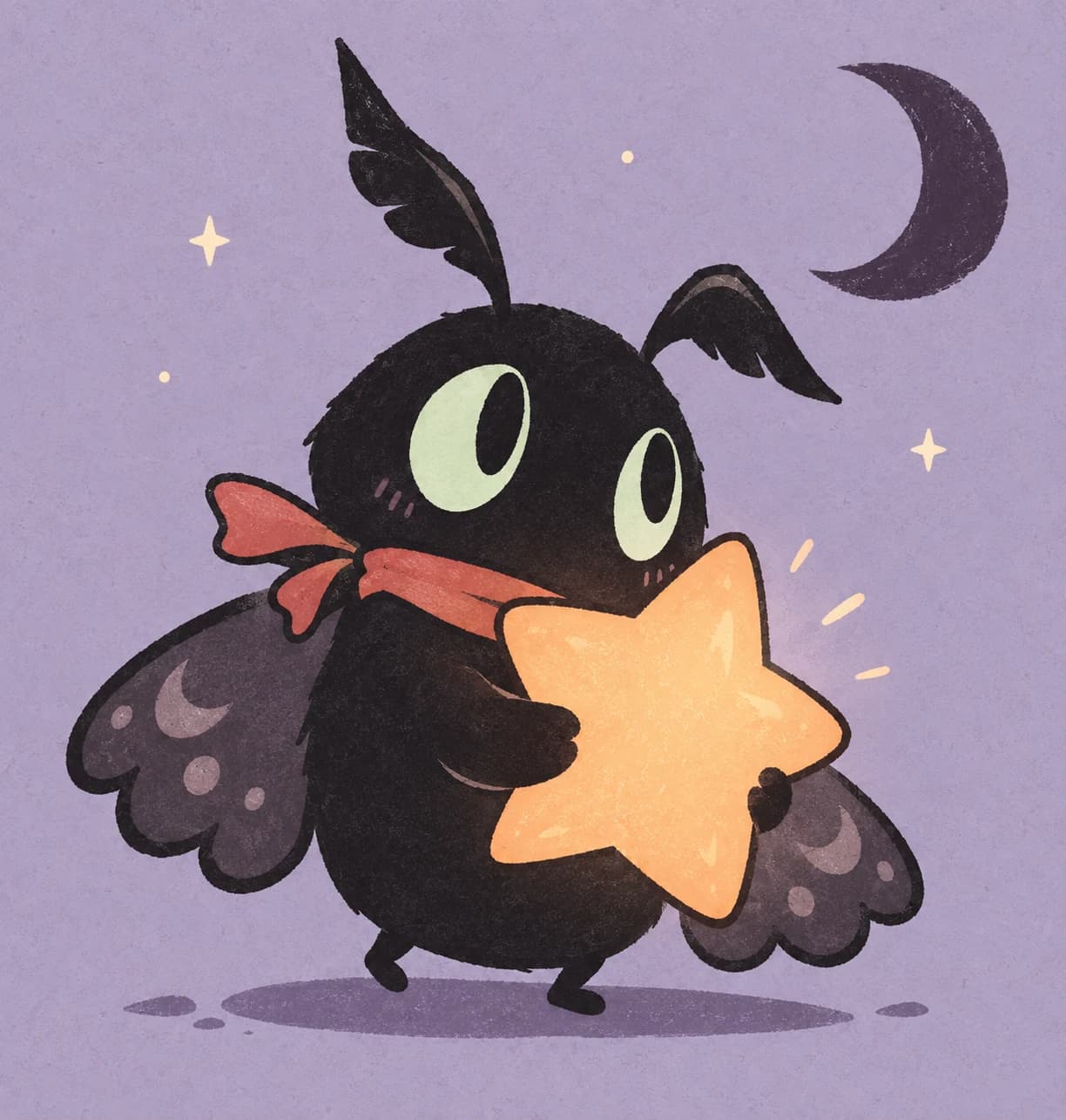 A tiny charcoal moth ghost with mint eyes and a red scarf hugs a glowing star in a minimal cute-dark illustration