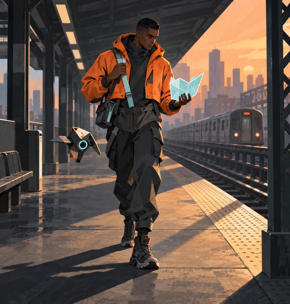 A street-tactical courier studies a glowing map beside a scouting drone on an elevated train platform